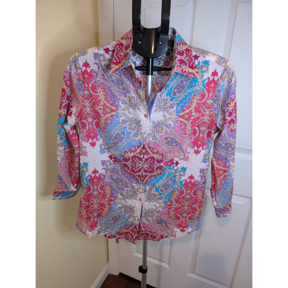 Robert Graham Button Down Women Small Multicolor Paisley‎ 3/4 Sleeve Shirt